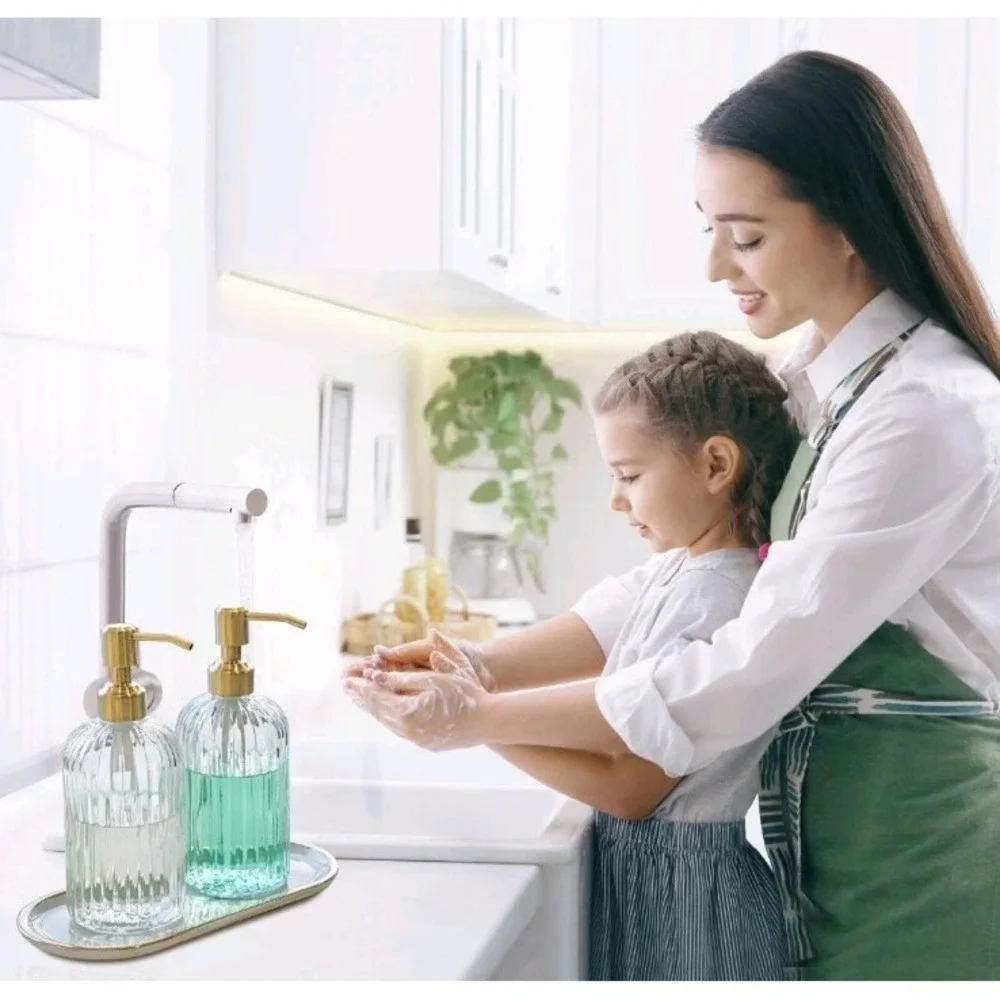 2 Jasai 18oz Simple Glass Soap Dispensers with Pump, Refillable Kitchen Bath New